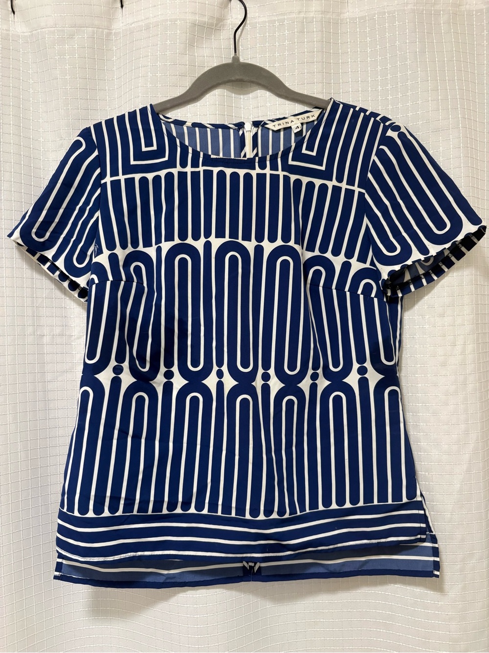 Trina Turk Blue and White Geometric Short Sleeve Blouse